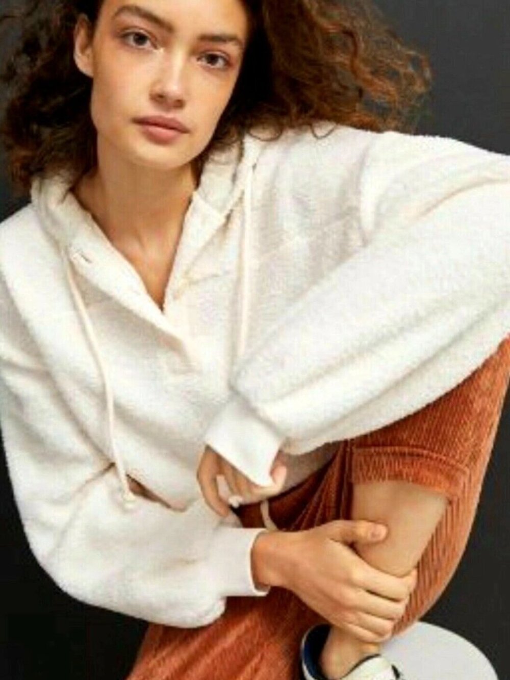 ANTHROPOLOGIE Current Air Callan Sherpa Hoodie Pullover Fleece, Ivory Size Large